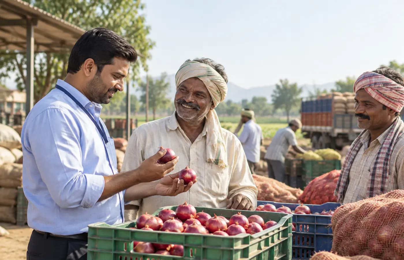 Buyer inspecting onions from local farmers
