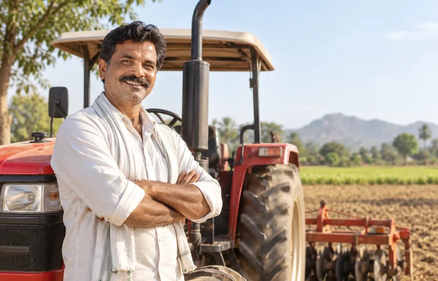 Agricultural equipment owner beside a tractor