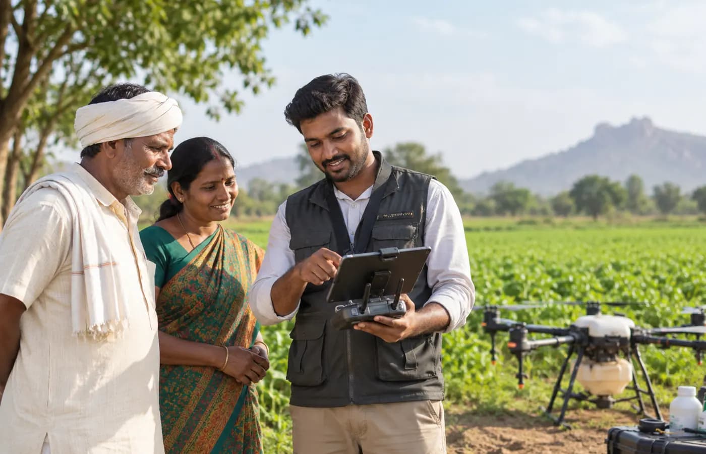 Drone service provider explaining agricultural spraying to farmers