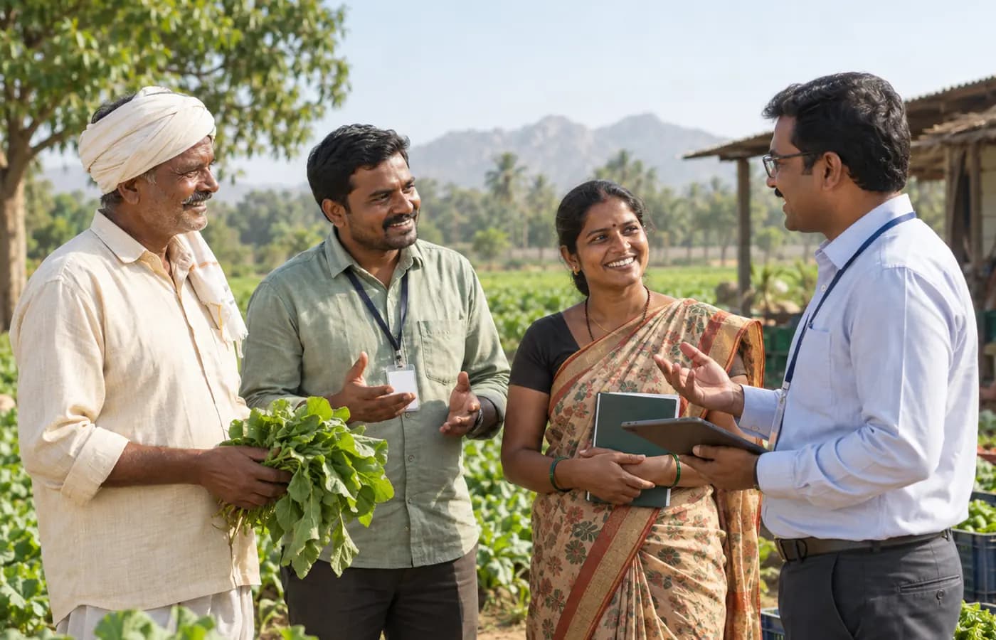 Agricultural support professionals speaking with farmers